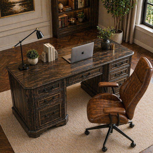 59" Farmhouse Executive Desk with Storage & Faux Suede Executive Office Chair Set Oak Brown