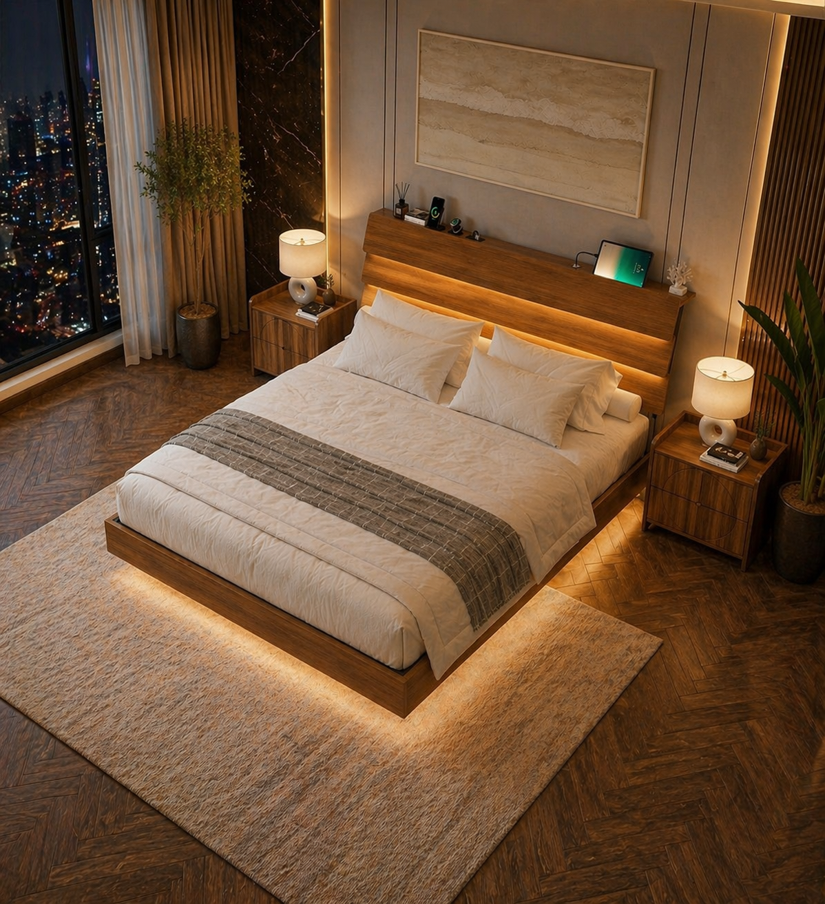 King Floating Bed Frame with LED Lights, Charging Headboard & 2 Fluted Walnut Nightstands