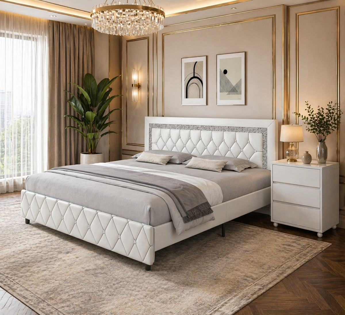 King Faux Leather Platform Bed with Diamond Headboard & 2 White 3-Drawer Nightstands Set