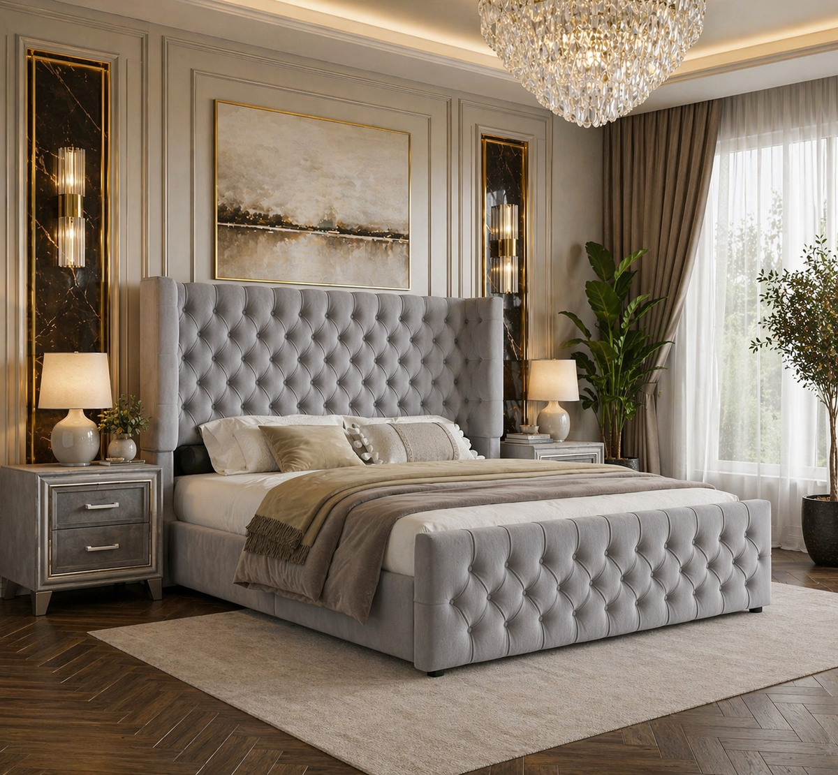 King Platform Bed with Curved Wingback Headboard & 2 Velvet Nightstands Grey Set