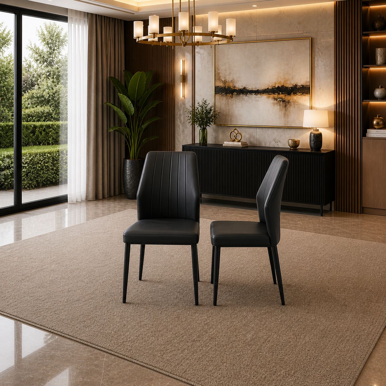 70.86" Black Rectangular Dining Table Set for 6-8 with 6 Upholstered Black Chairs