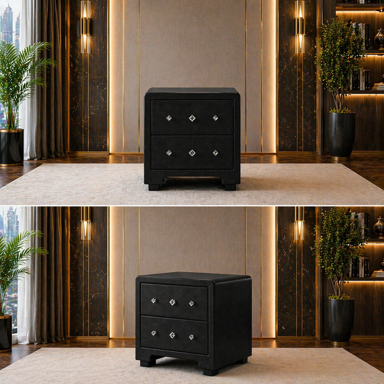 Queen LED Upholstered Bed with 2 Nightstands Bedroom Set Black-4