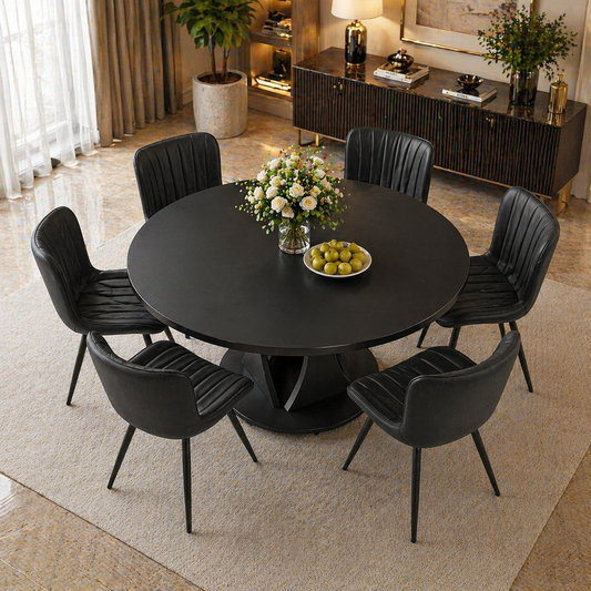 59" Extendable Round Dining Table Set with 6 PU Leather Chairs, Black Dining Room Bundle-1
