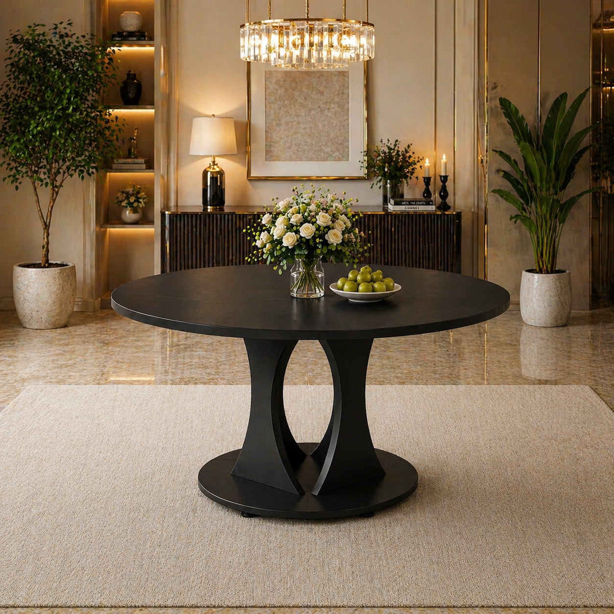 59" Extendable Round Dining Table Set with 6 PU Leather Chairs, Black Dining Room Bundle-4