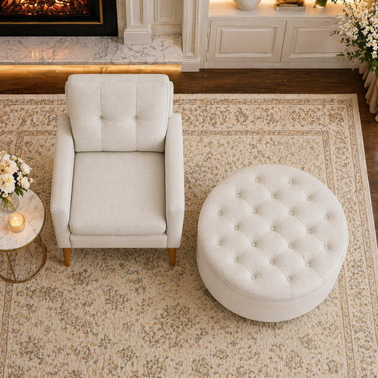 White Upholstered Accent Chair with Round Storage Ottoman Set for Living Room or Bedroom-1