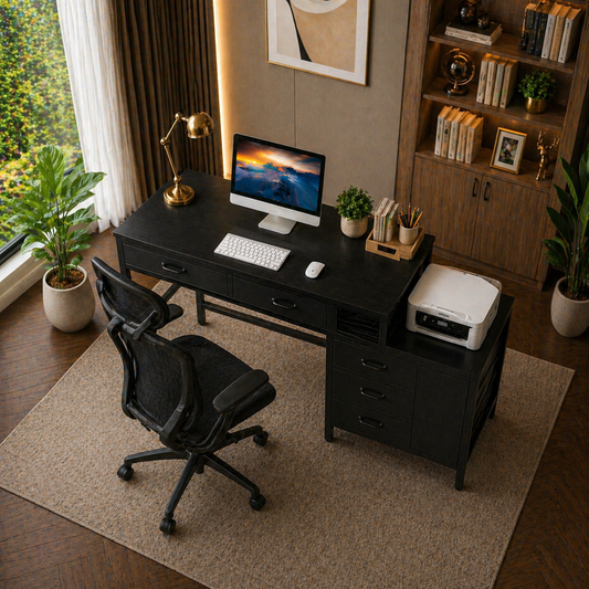 Tribesigns Reversible 5-Drawer Computer Desk & Marsail Mesh Office Chair Set Black