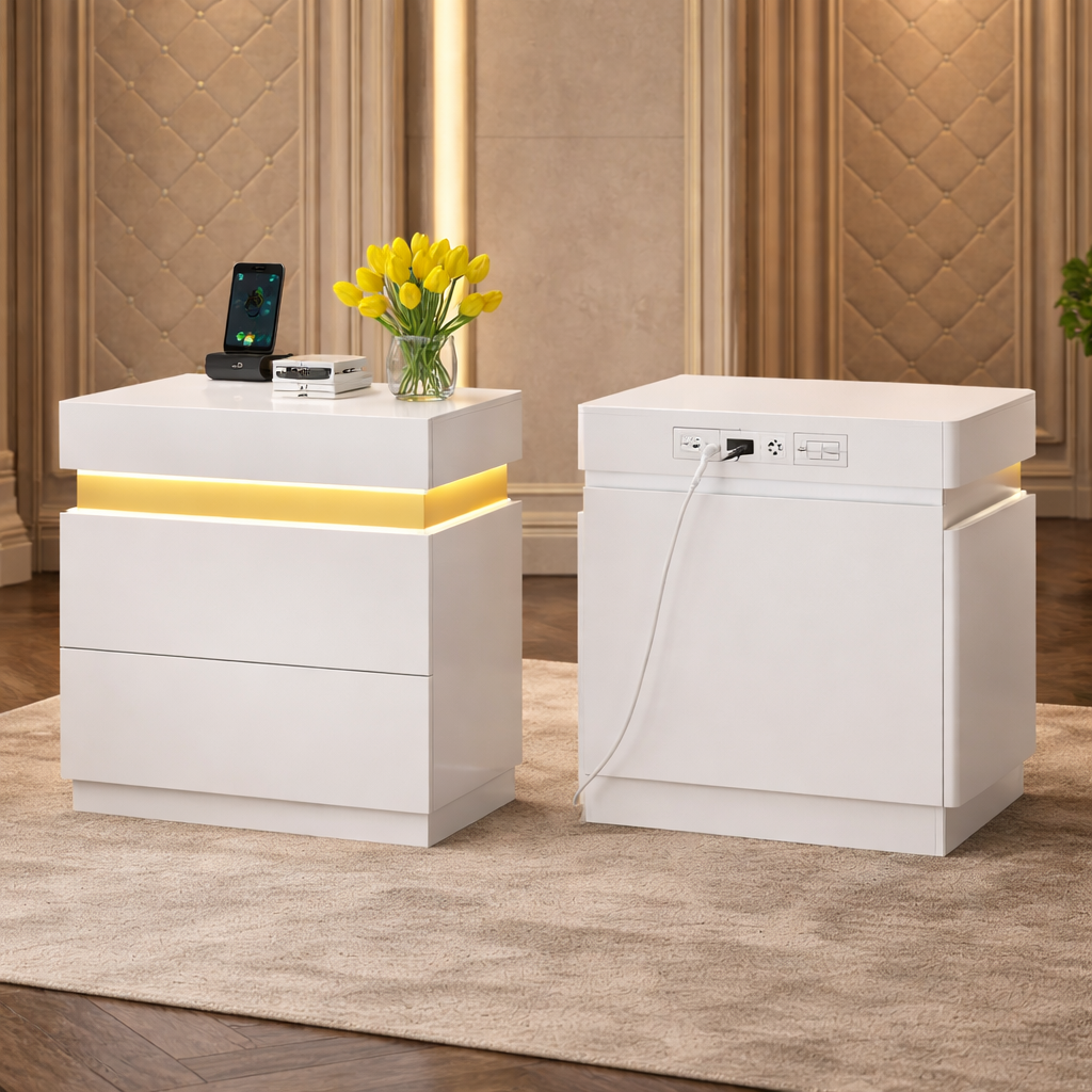 Queen Velvet Wingback Bed with LED Charging Nightstands Set White Upholstered Frame 3 Piece