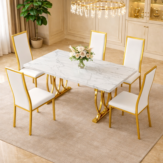 63" Faux Marble Dining Table Set with 4 White Chairs, Gold Metal Base Dining Room Set-1