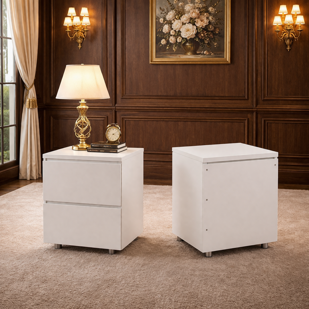 Queen White Wingback Storage Bed with 2 Nightstands Set with Drawers and Channel Tufted Headboard-4