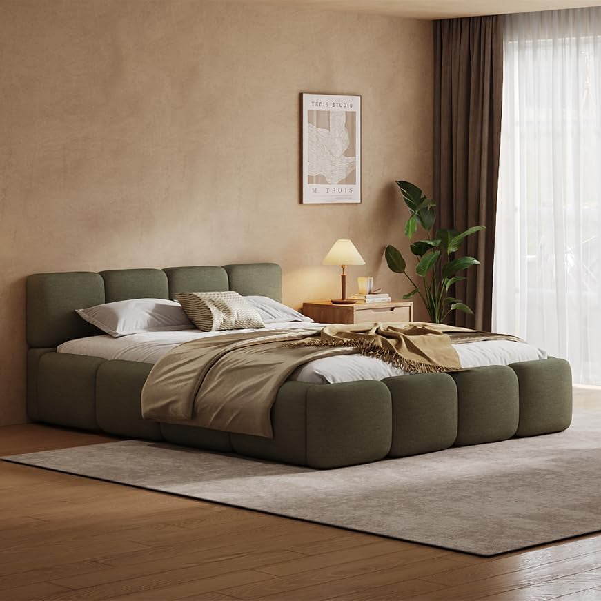 Queen Size Emerald Green Boucle Platform Bed Upholstered