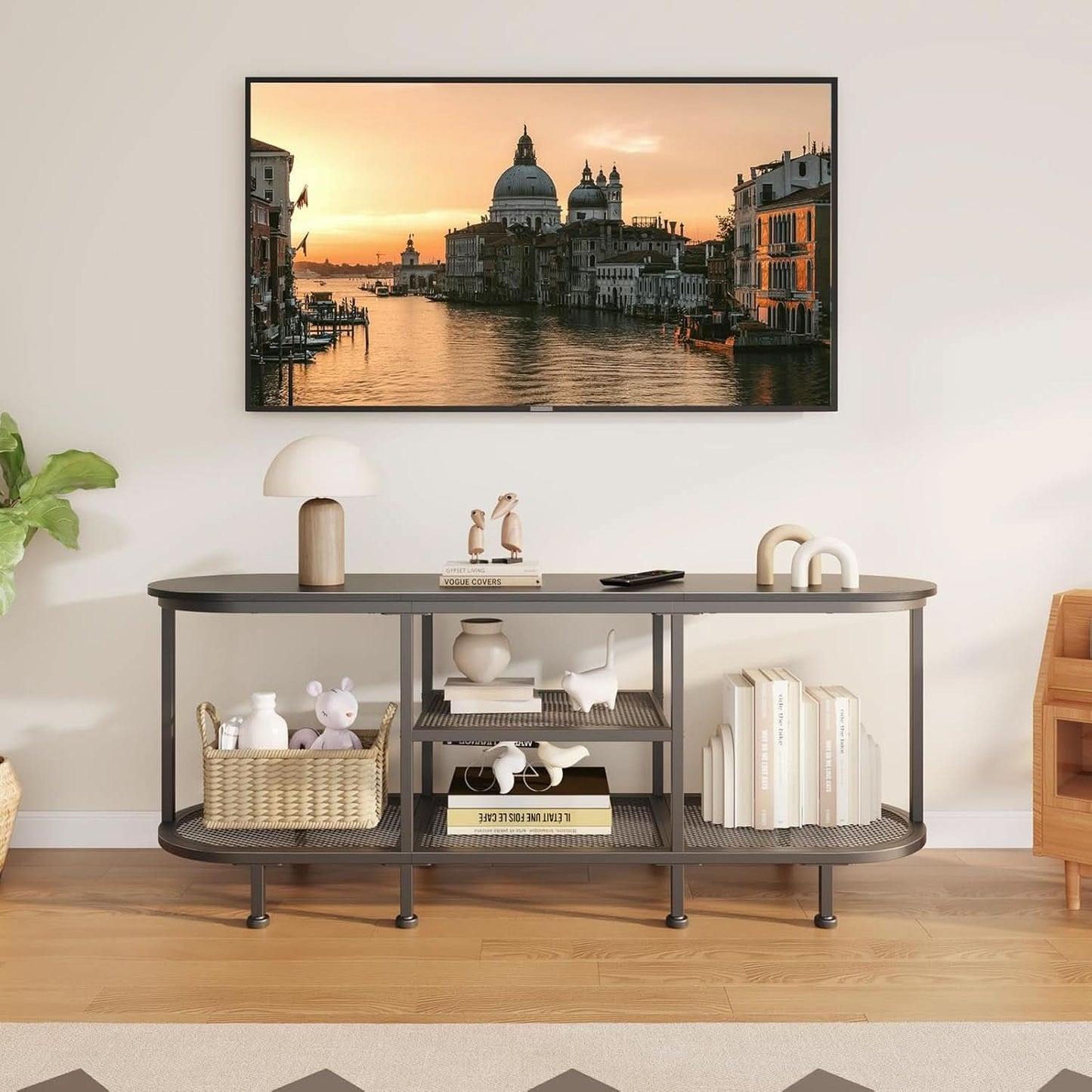 White Metal TV Entertainment Console With Storage Shelf