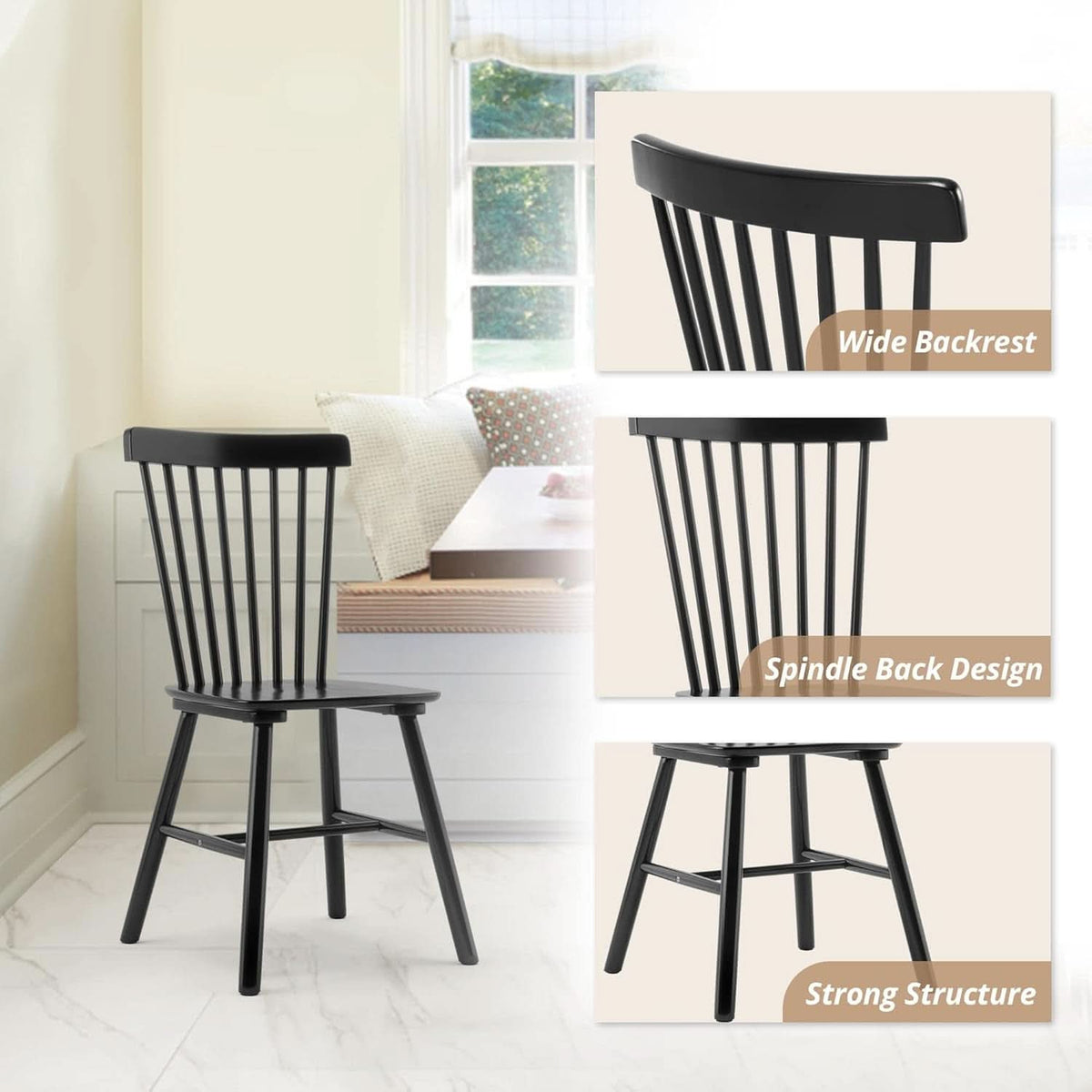 Windsor Dining Chair Set Of Four Jet Black Solid Wood