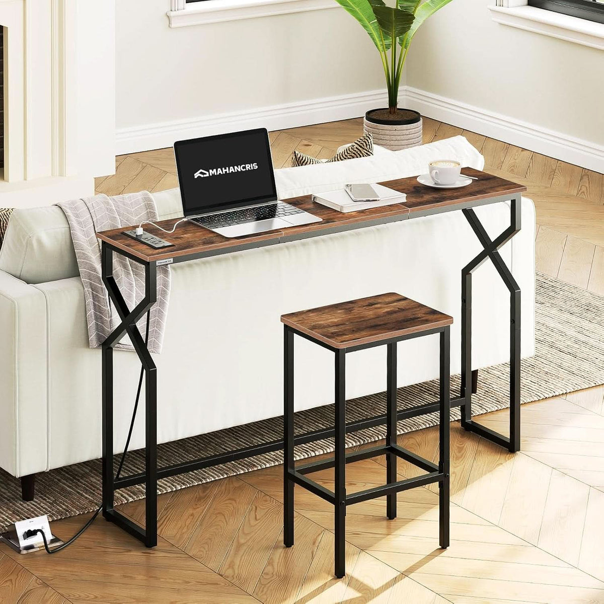 Sofa Console Table Integrated Charging Station Brown