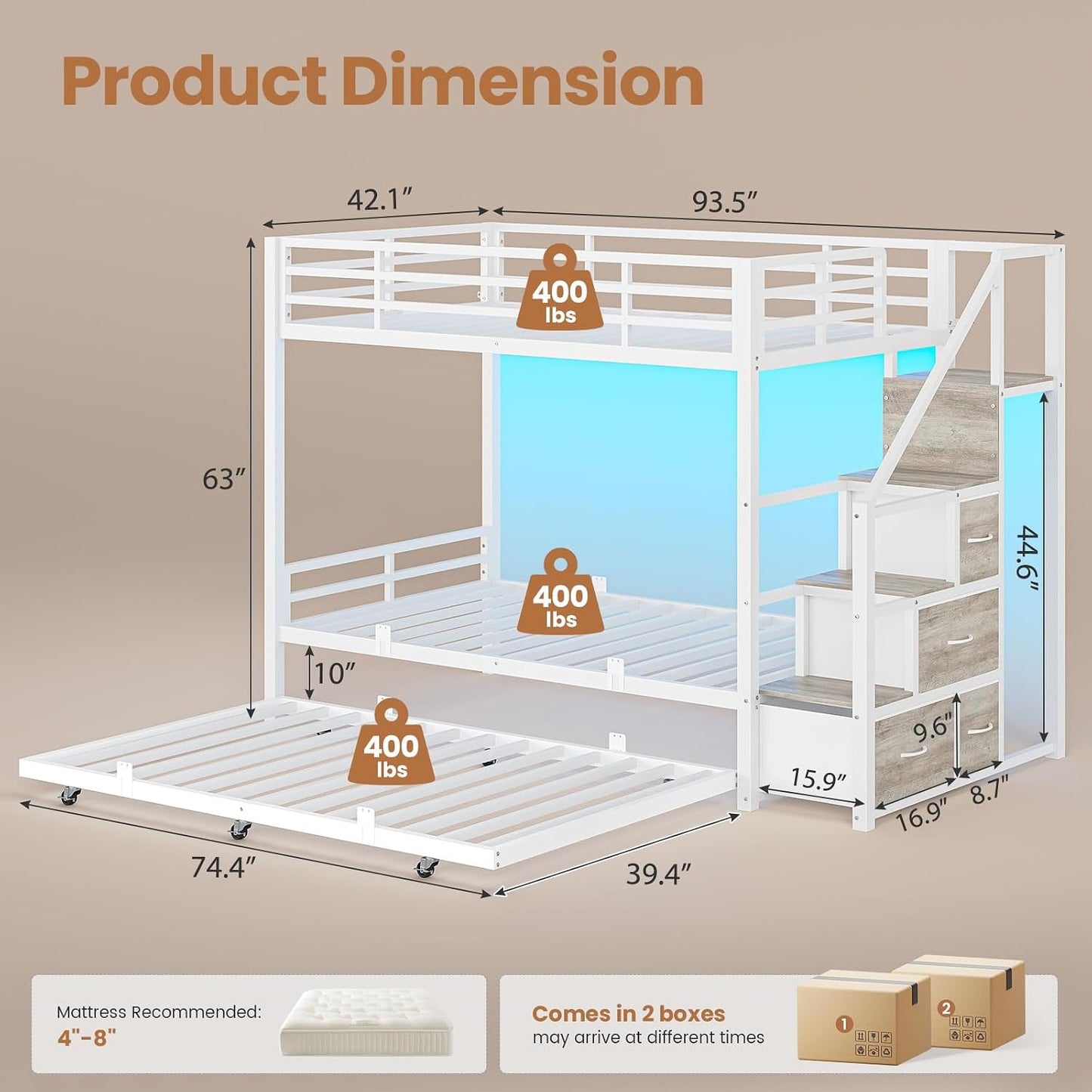 White Twin Over Twin Metal Bunk Bed Frame Trundle