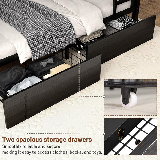Black Twin XL Bunk Bed Foldaway Desk USB Charging Station