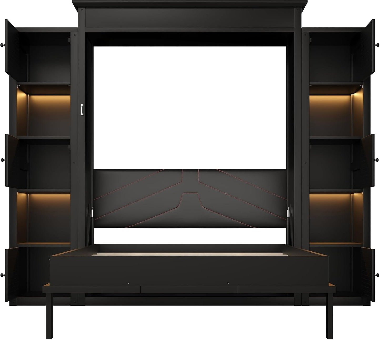 Queen Size Murphy Bed With Storage Cabinets And LED Lighting Black