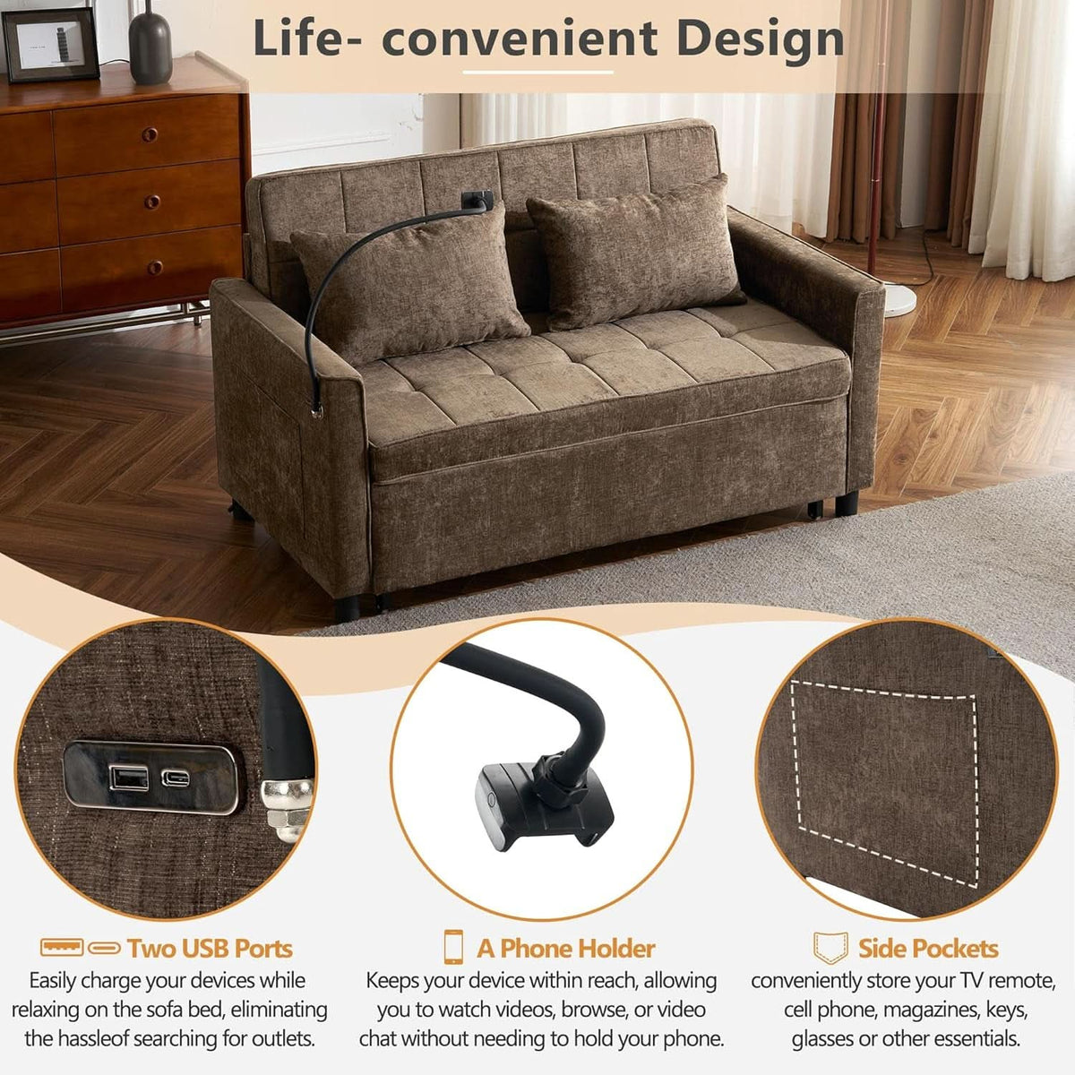 Premium Grade Ultra Chenille Sleeper Sofa With USB Ports