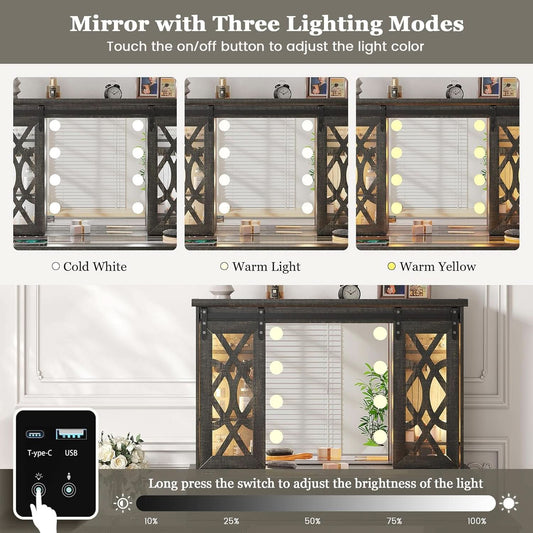 Brown Makeup Vanity With Illuminated Mirror Armoire