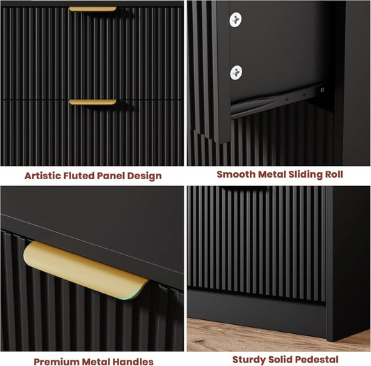 Multifunctional 59 Inches Wide Black Fluted Dresser
