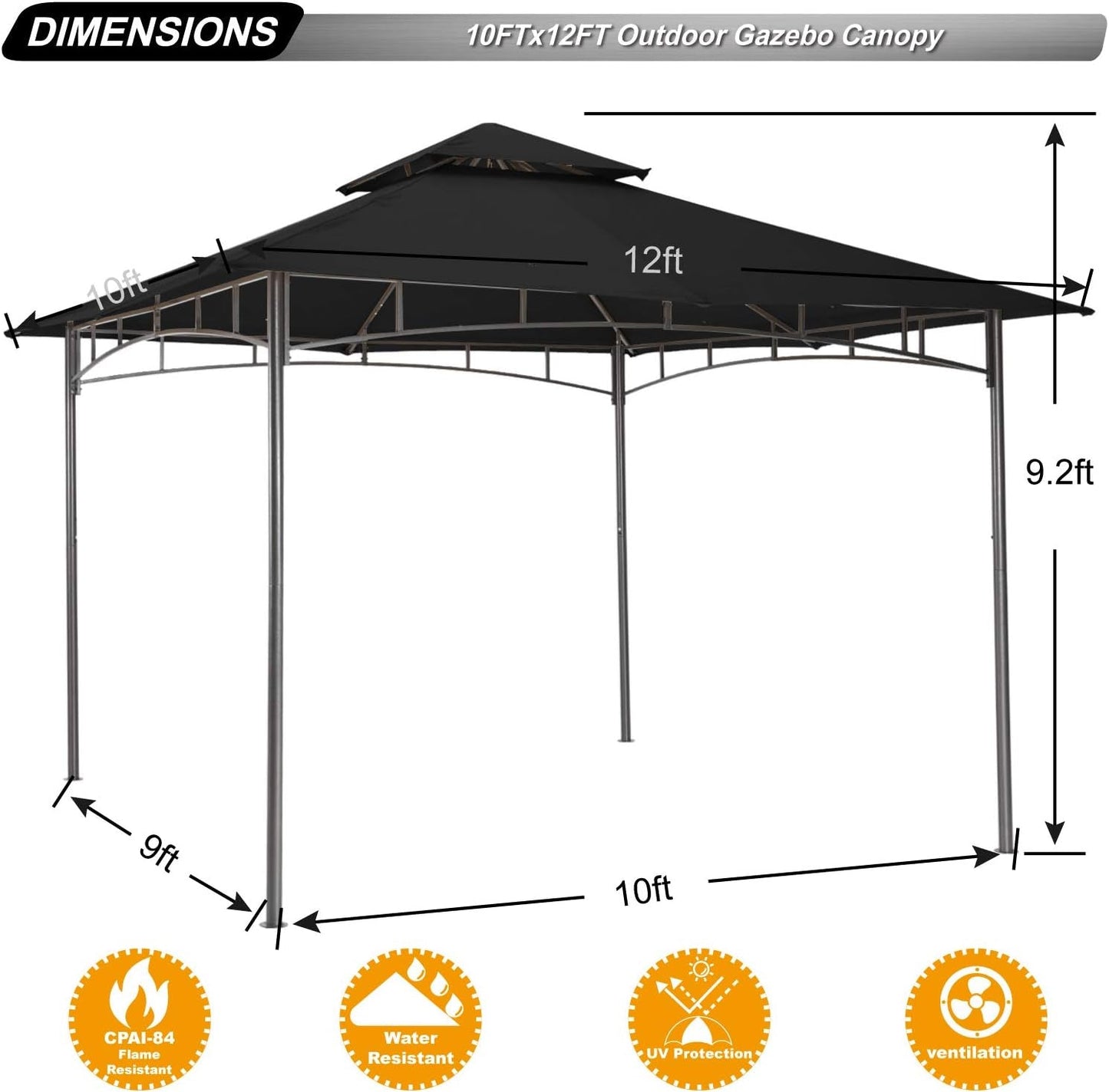 10x12 Black Outdoor Gazebo Weatherproof Steel Frame