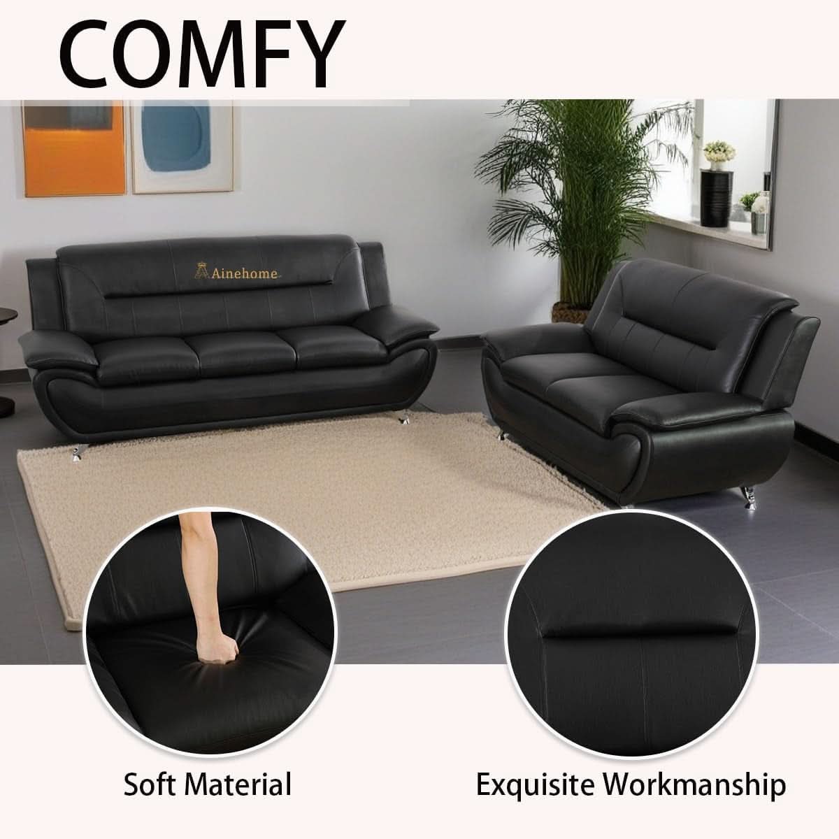 Black 5 Seat Faux Leather Sectional Sofa Set For Living Room