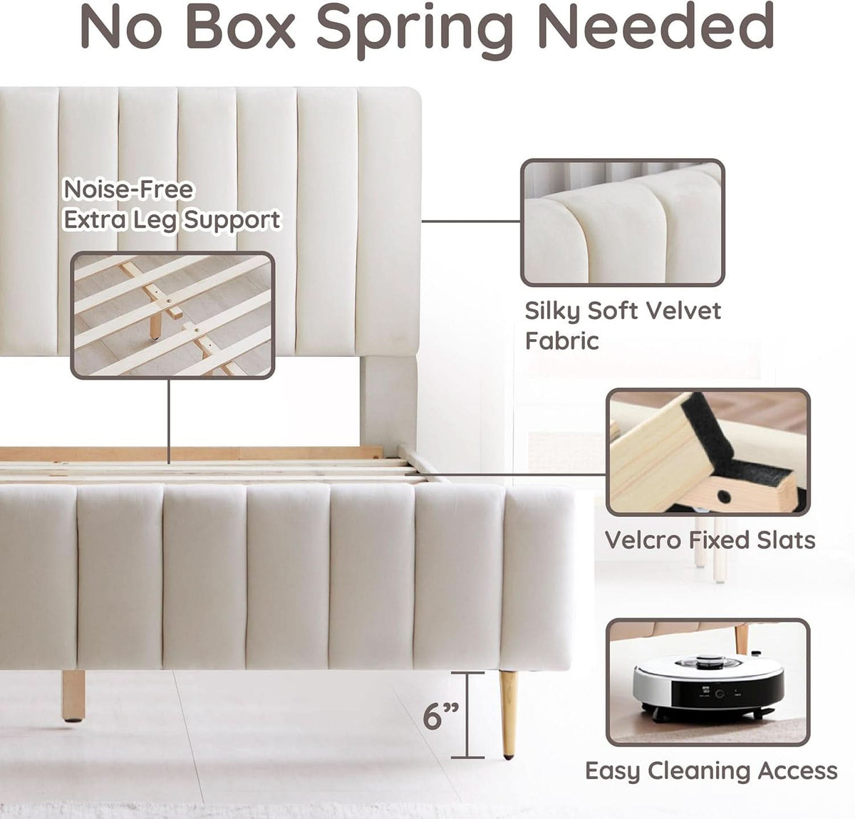 Queen Size Velvet Platform Bed With Ivory Upholstered Head board