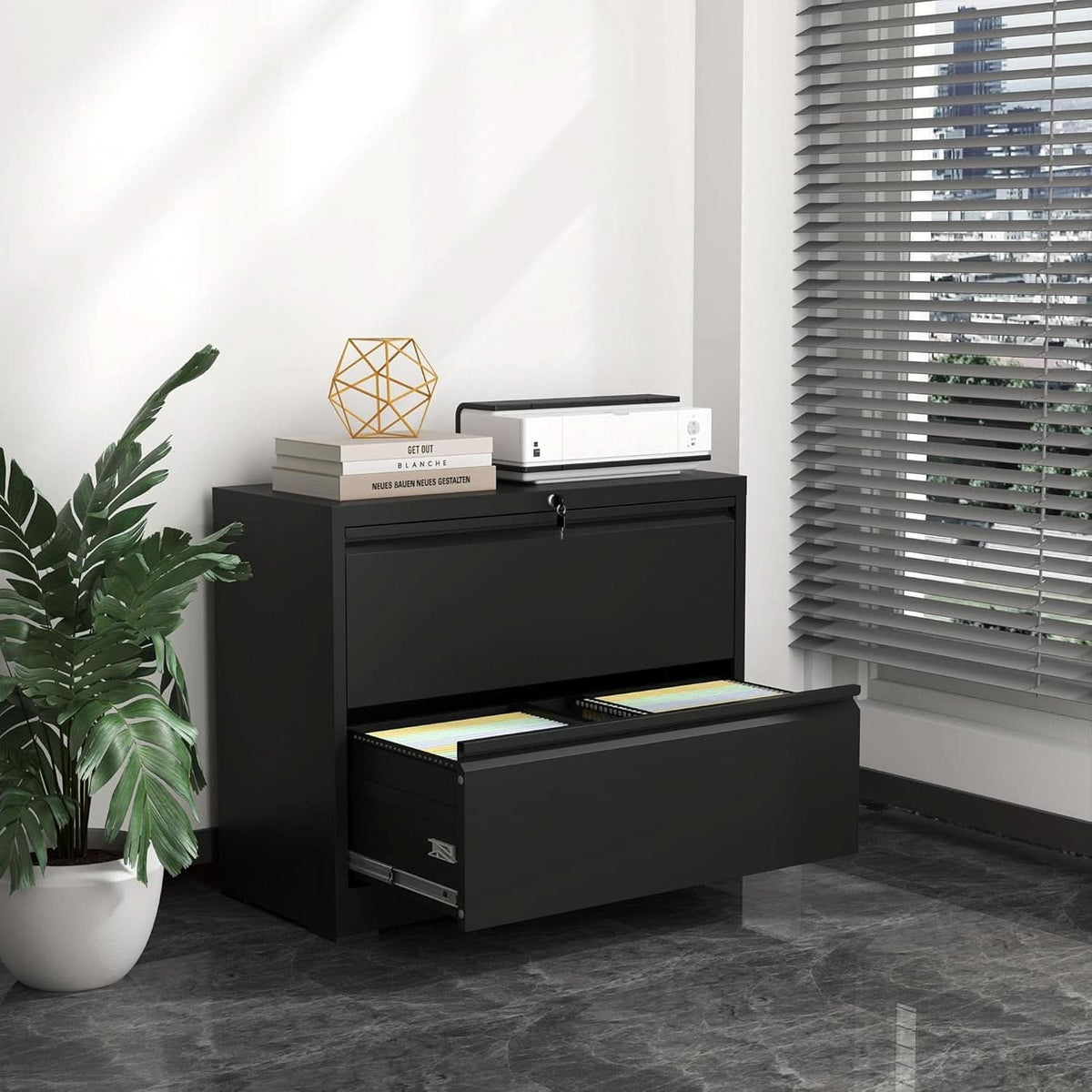 Black Lateral File Cabinet With Lock For Home Office