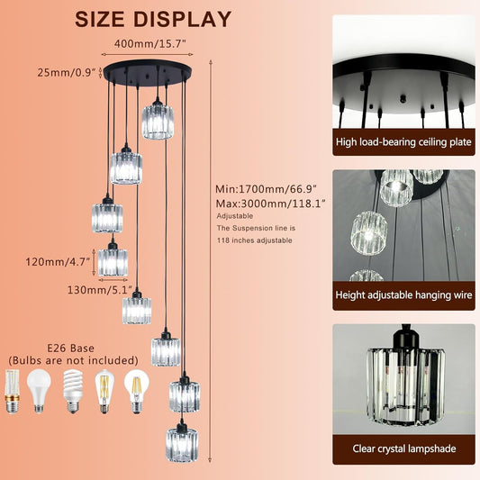 8 Lights Crystal Pendant Light Ceiling Chandelier Black