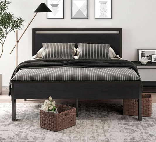 Sturdy Metal Platform Bed Frame With Wooden Headboard 800Lb