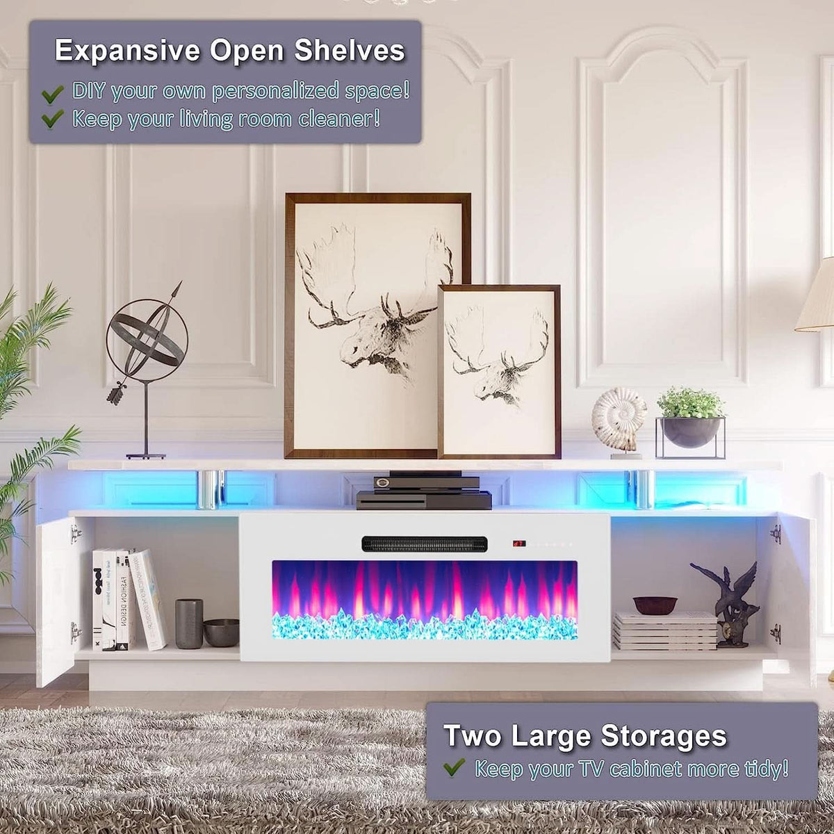 White 36-Inch Electric Fireplace TV Stand With 70-Inch LED Entertainment Center