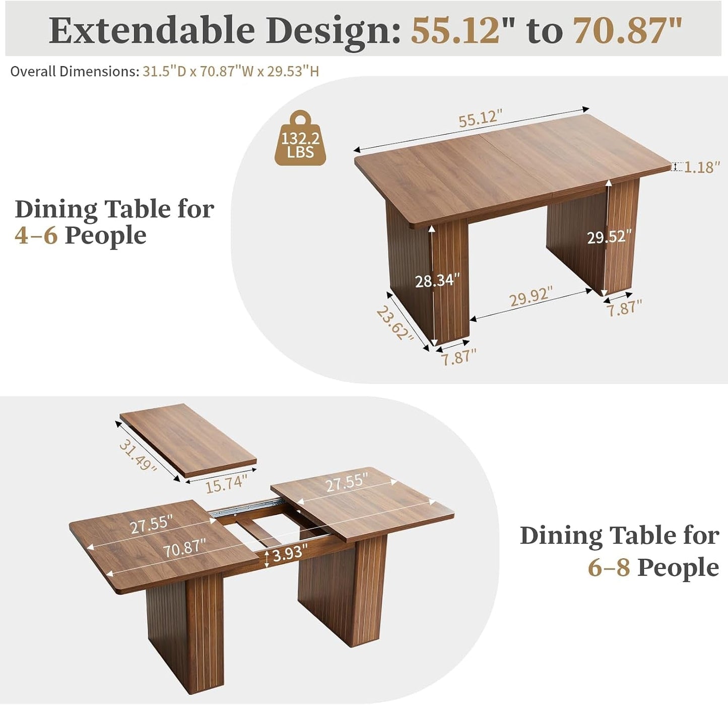 Extendable Rectangular Dining Table 55 Inches Walnut