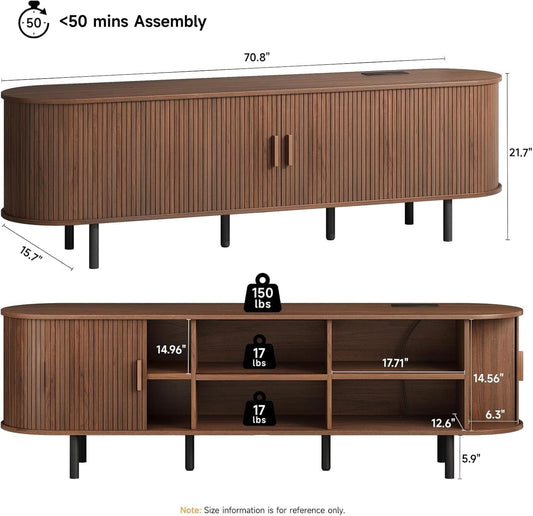 Walnut Seventy Inches TV Stand Sliding Doors Entertainment Center