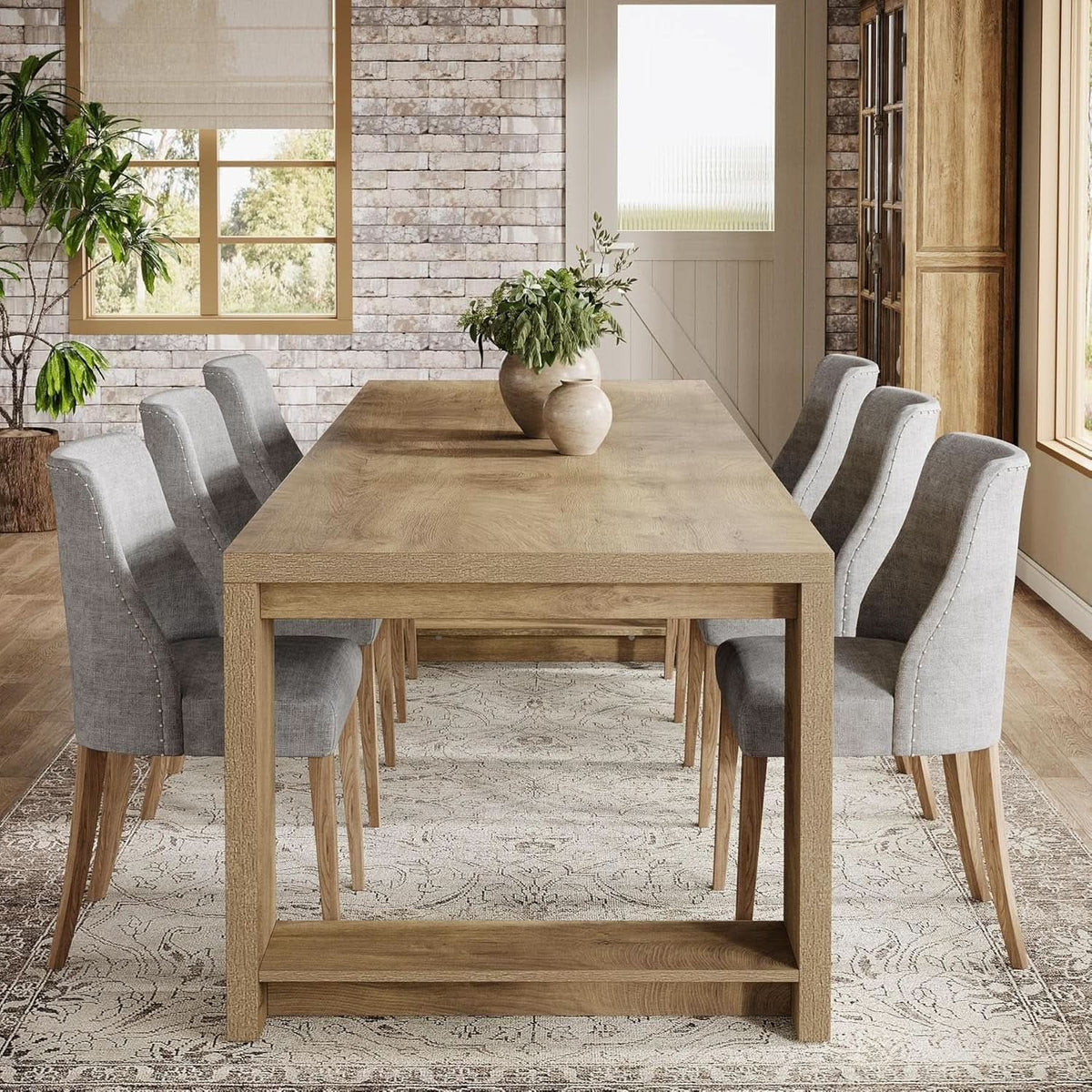 Oak 86 Inch Long Narrow Dining Table With Pedestal Base