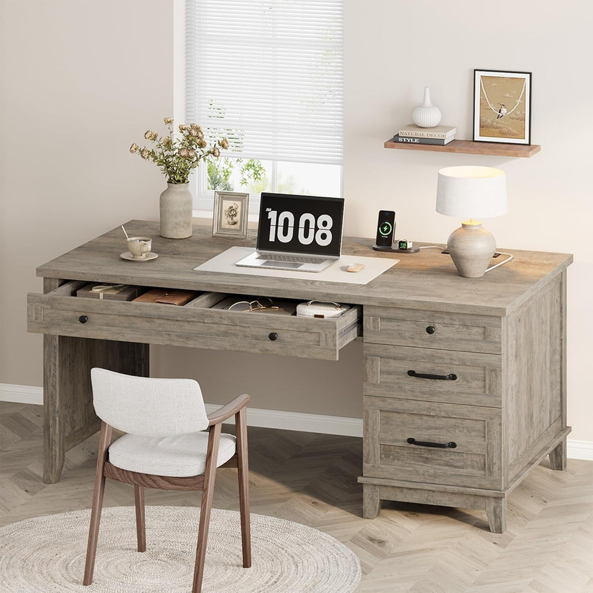 53Inch Rustic Farmhouse Desk With Charging Station