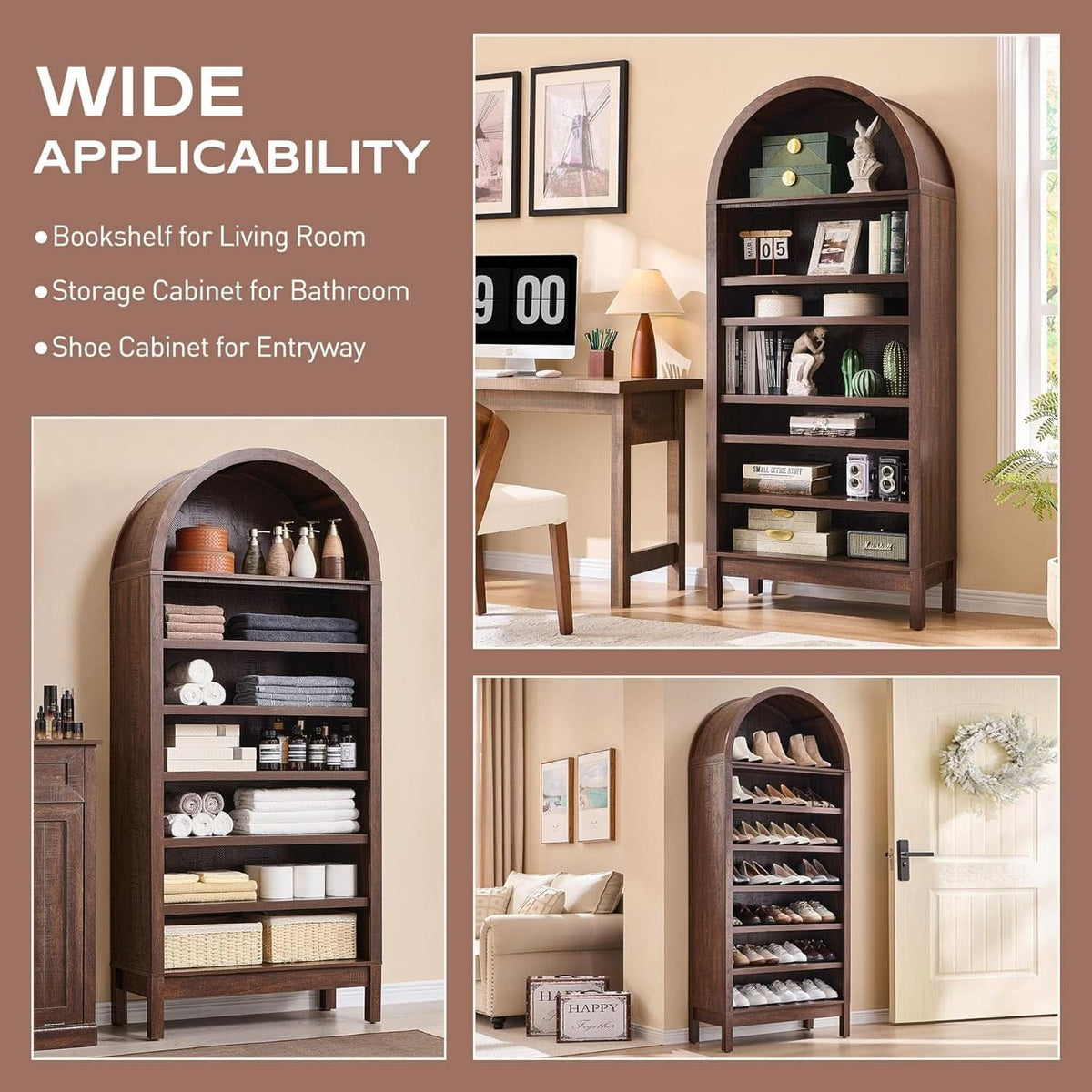 Tall Arched Brown Finish Bookcase With Adjustable Shelves