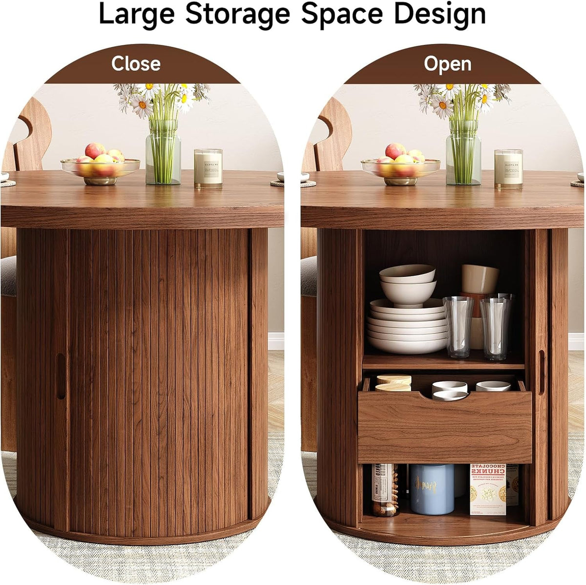 Circular Walnut Dining Table 47 Inch Storage Drawer