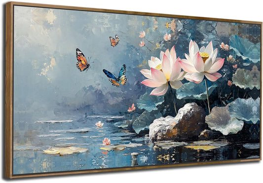 Elegant Floral Lotus Canvas Wall Art 40x20 Framed Canvas