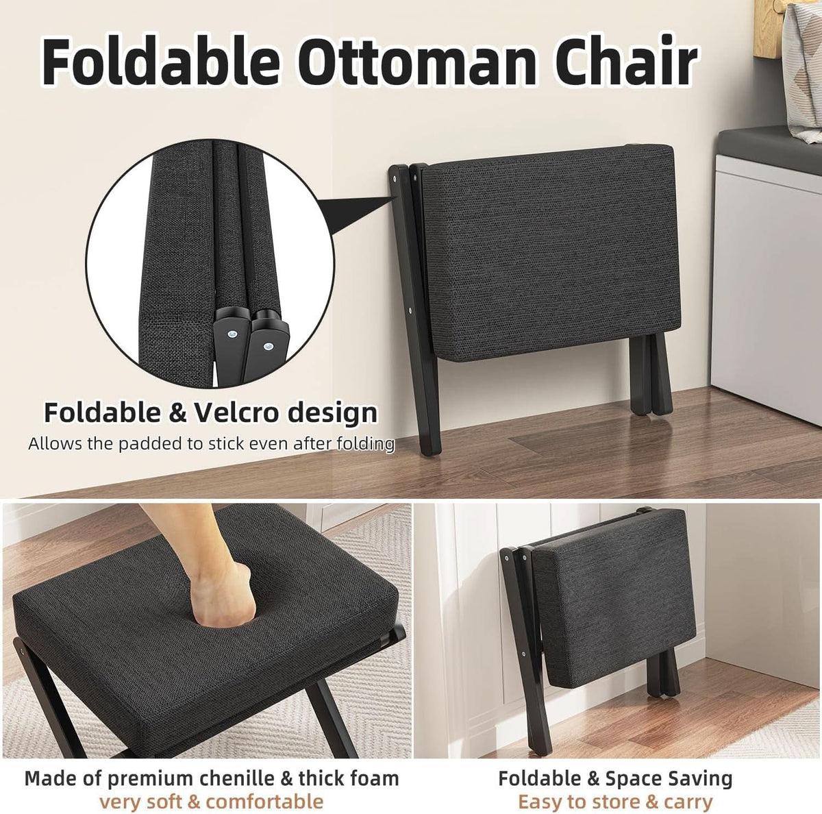 Foldable Foot Stool Black For Contemporary Living Room