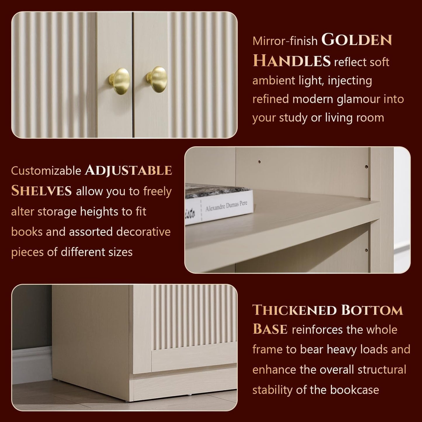 Cream Arched Fluted Bookcase With Adjustable Shelving-4