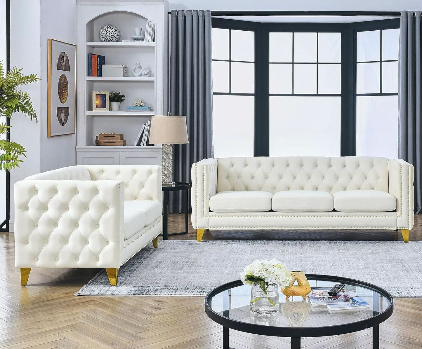 Velvet Beige 80-Inch Sofa Set With 58-Inch Loveseat And Gold Nail Heads