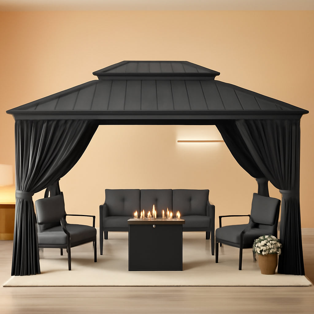 12x14 Gray Hardtop Gazebo Outdoor Weatherproof Netting