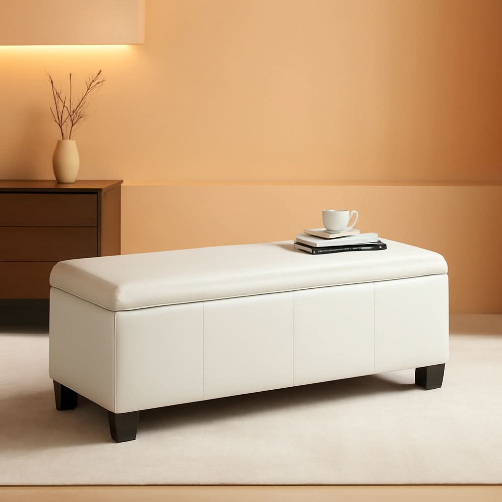41-Inch White Faux Leather Storage Ottoman End-Of-Bed