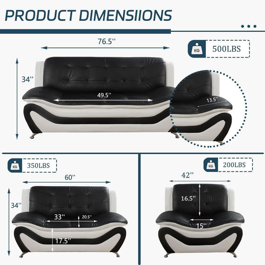 Vegan Leather Sofa Set 3 Piece Living Room Furniture White and Black-1