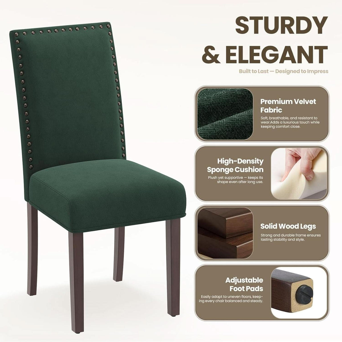 Green Velvet Upholstered Dining Chairs With Nailhead