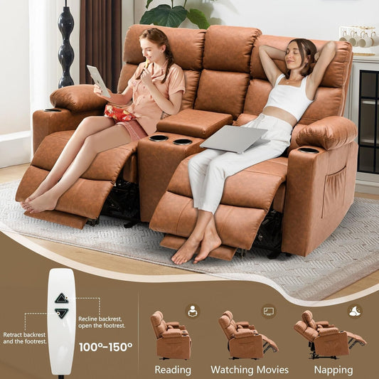 Power Recliner Loveseat With Console Yellowish Brown