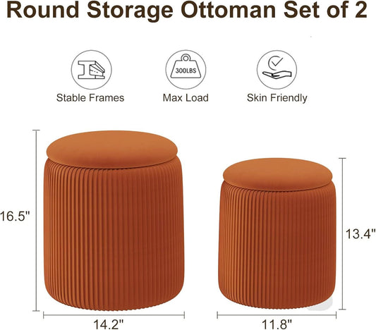 Two Orange Velvet Round Storage Ottoman Multifunction