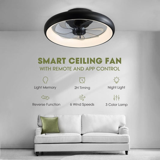 20 Inch Black Flush Mount Ceiling Fan With Dimmable Lights