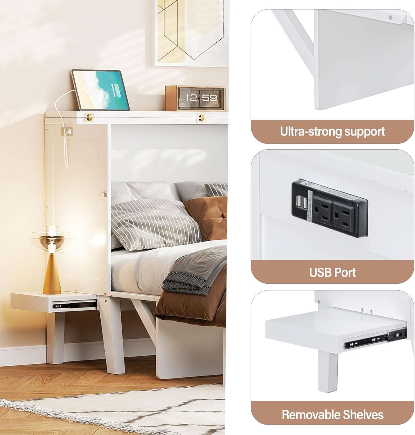 White Murphy Bed With Integrated USB Port-4