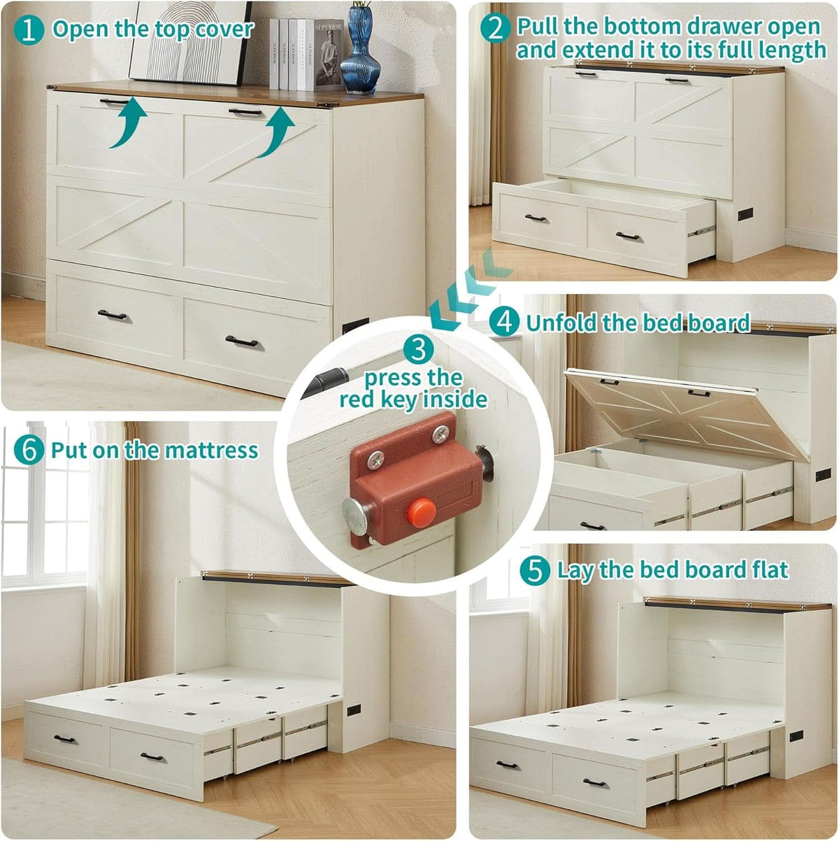 Queen Murphy Bed With Charging Station Rustic White