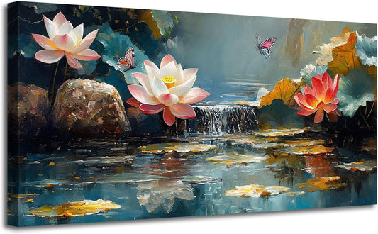 Lotus Canvas Wall Art 58x29 Vibrant Landscape Textured